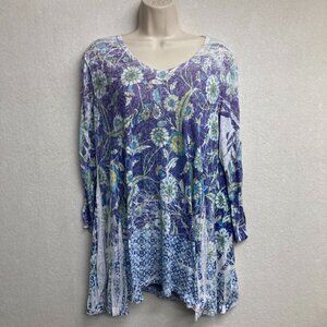 Katina Marie Blue Floral Burnout Tunic Top Size L Made in USA V-Neck